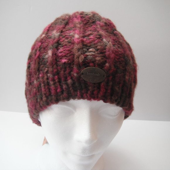 Hand Knitted Hat Toque Adult Size - M-(L) Acrylic Burgundy Unisex Color Blue-019 - Picture 6 of 10